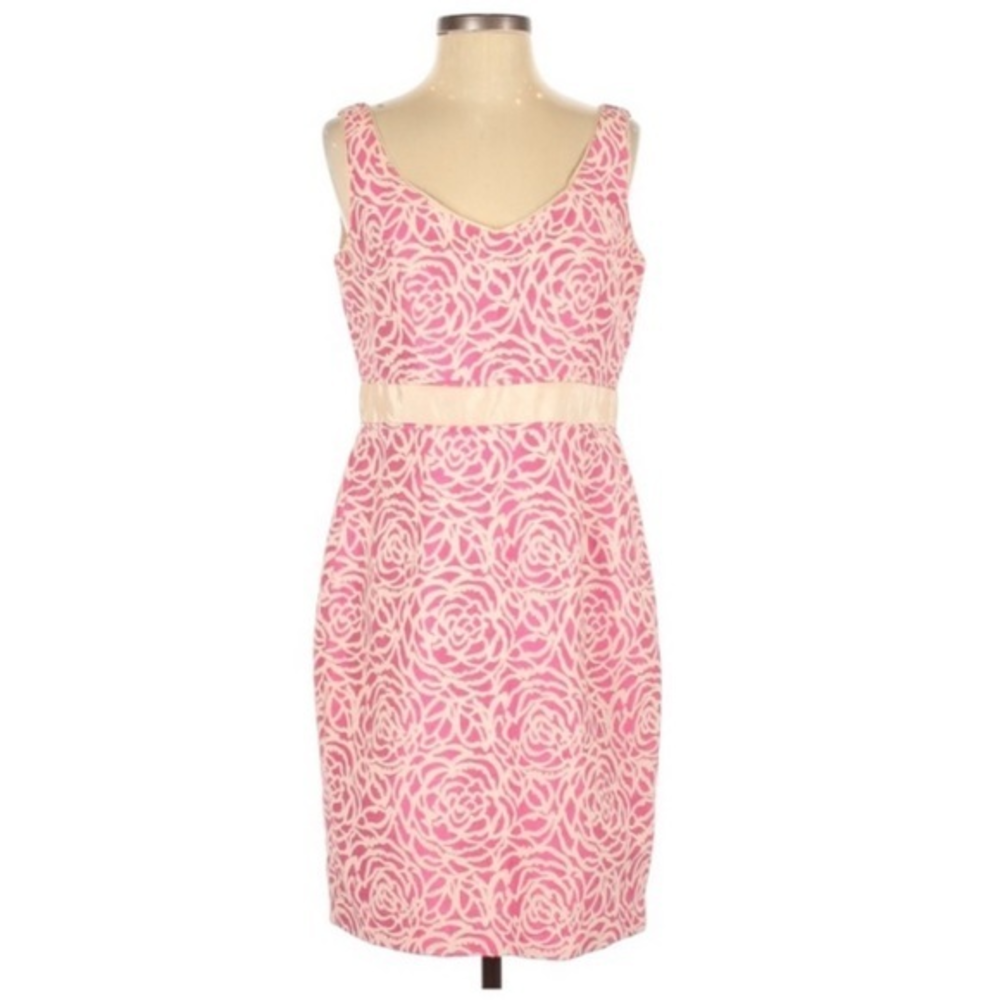 Maggy London 8‎ pink & tan rose brocade retro V neck sleeveless dress